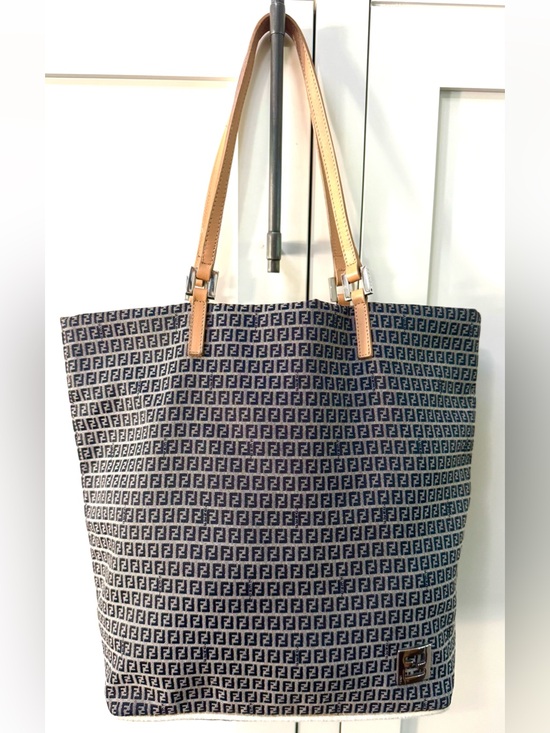 Fendi Handbags - FENDI Zucca FF Navy Monogram Canvas Leather Tote Bag Made In Italy LIKE NEW
